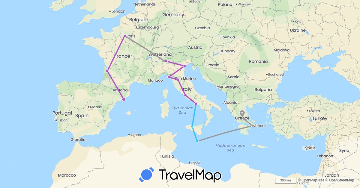 TravelMap itinerary: driving, plane, train, boat in Switzerland, Spain, France, Greece, Italy, Malta (Europe)